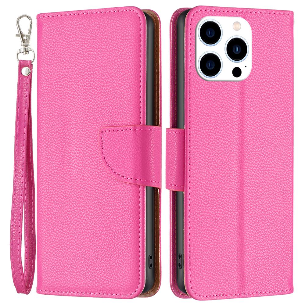 

For iPhone 16 Pro Wallet Phone Case Litchi Texture Solid Color Leather Flip Cover Rose