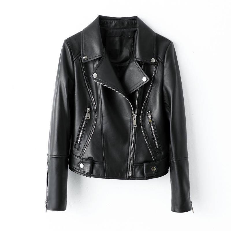 

Женская облегающая повседневная мотоциклетная куртка из натуральной овчины - весна и осень 2025 г. XL (Weight 110-120 kg) чёрный