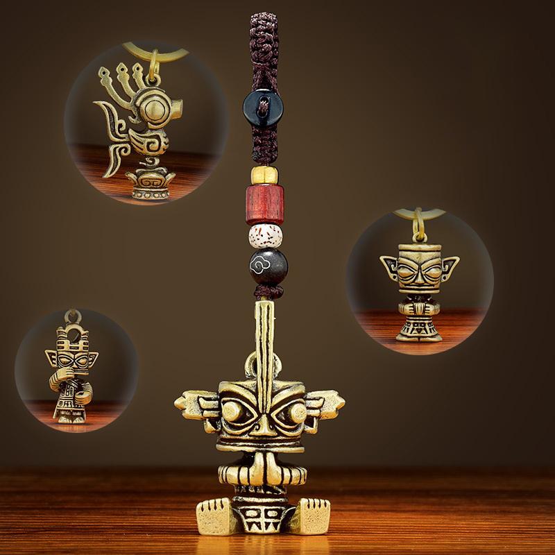 1Pc Vintage Brass Sanxingdui Prayer Priest Keychains Lanyard Pendants Handmade Rope Car Key Chain Rings Hanging