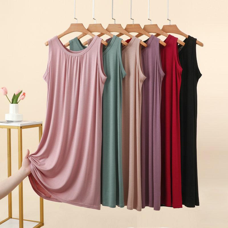 Summer Women's Modal Ruched Round Neck Sleeveless Sleep Dress Loose Casual Plus Size Simple Tank Dress Nightgown Loungewear