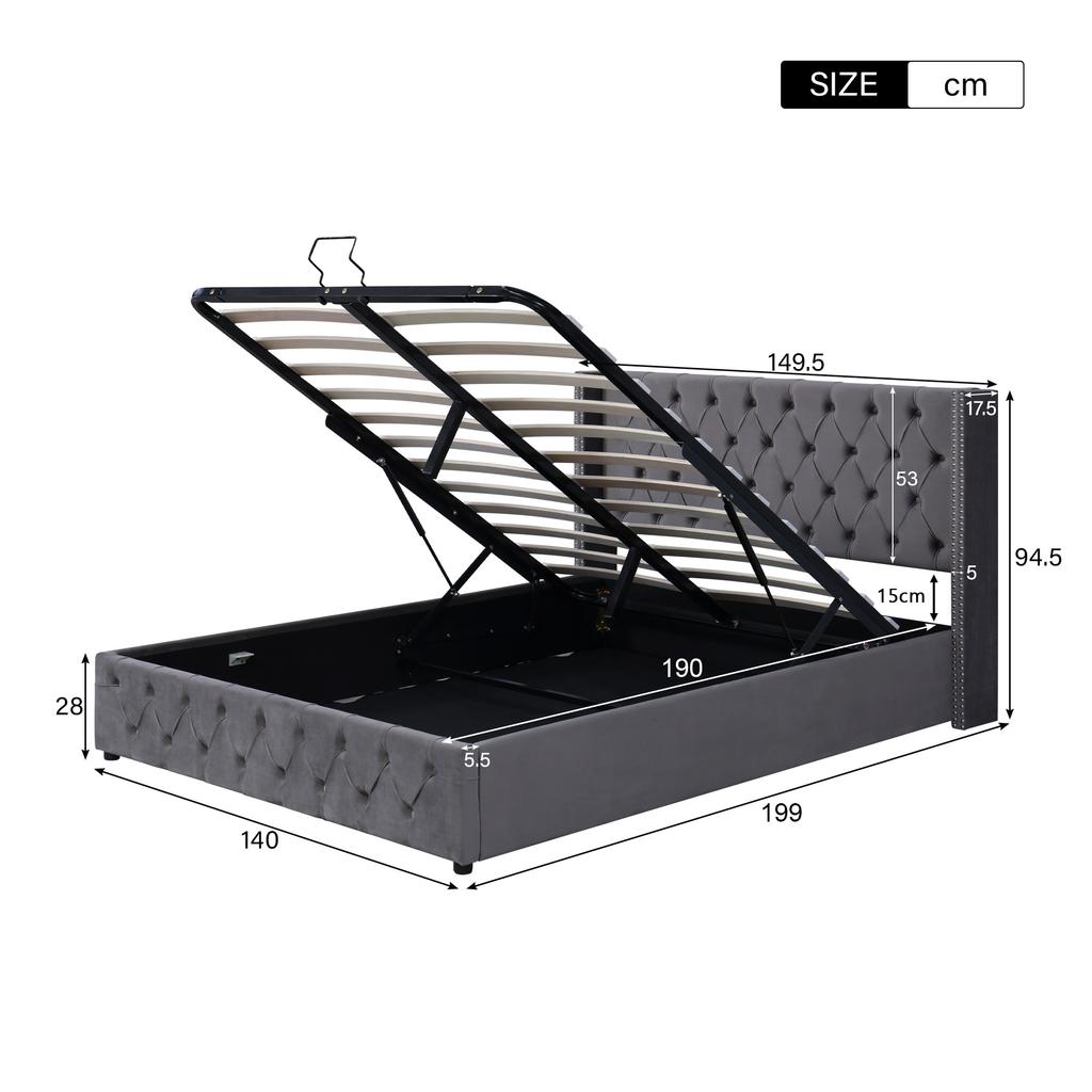 Pillow-Shaped Padded Bed, Double Row of Flannel Rivets, Sewn Buttonhole, 140*190 Double with Hydraulic Function, Black Waterproof Non-Woven Base, Grey