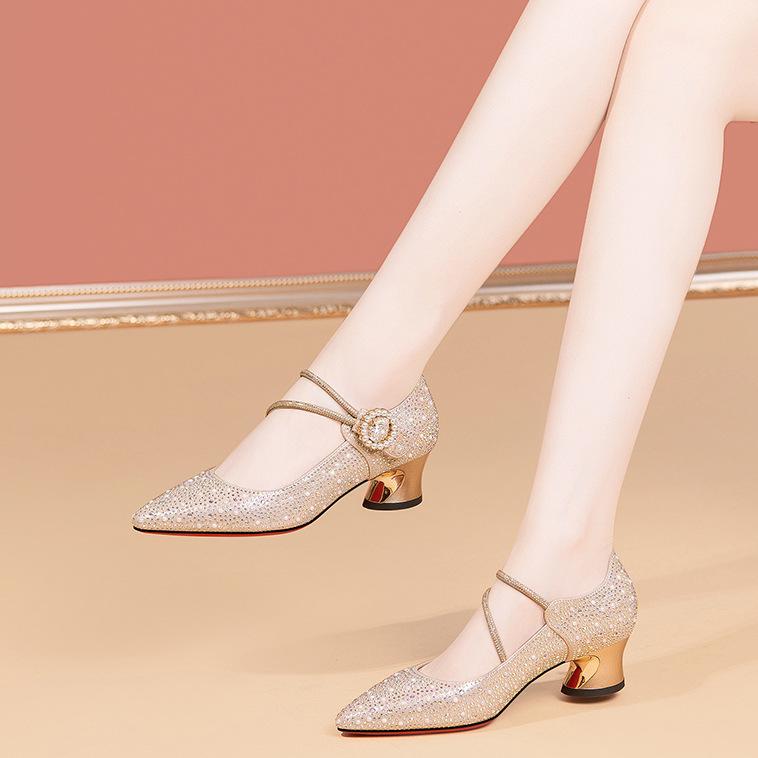 New rhinestone word with thick heel single shoes women's high heels 2025 spring and autumn fashion medium heel wedding shoes shallow mouth women's