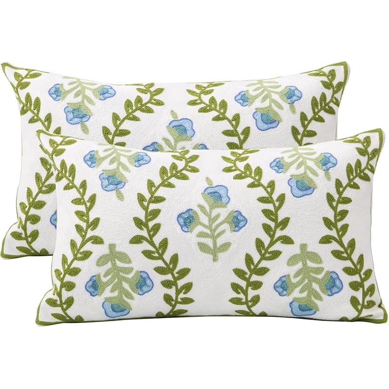 Set of 2 Embroidered Decorative Throw Pillow Covers Couch Square Pillowcases Cushion for Bedroom Sofa Farmhouse Decor 18x18 Inch (Blue Floral)