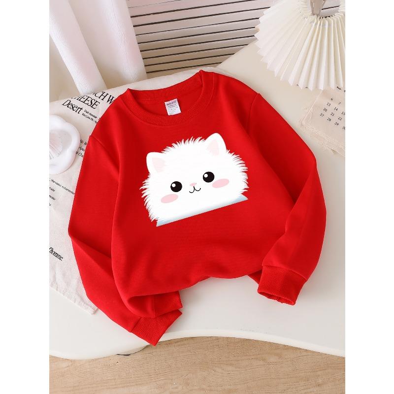 European Sizes Adorable White Cat Face Design On a Kids' Crewneck Sweatshirt, Soft And Comfy Sports And Casual Wear Is Ideal for Kids And Teens