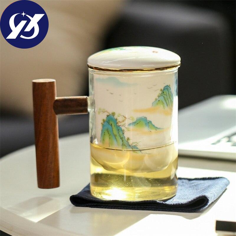 Creative Glass Tea Separation Cup Ceramic Filter Teacup With Lid and Wooden Handle Large Capacity Office Coffee Mug Drinkware
