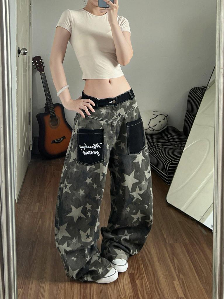 Women's American Retro Star Print Wide-Leg Distressed Denim Jeans with Patchwork Pockets