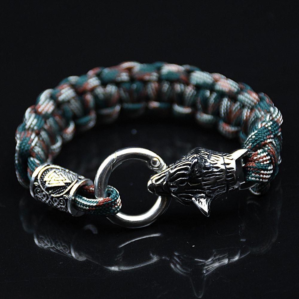 Stainless Steel Wolf Bracelets Men Norse Vikings Runes Paracord Rope Bangle Jewelry for Men