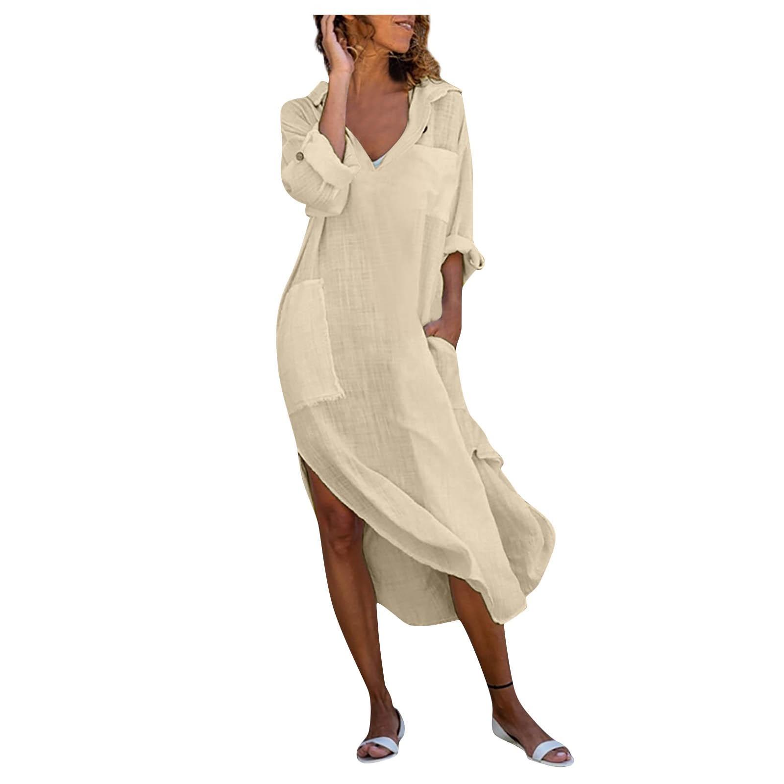 

Женская однотонная рубашка на пуговицах, свободная, дышащая, повседневная, платье из хлопка и льна S