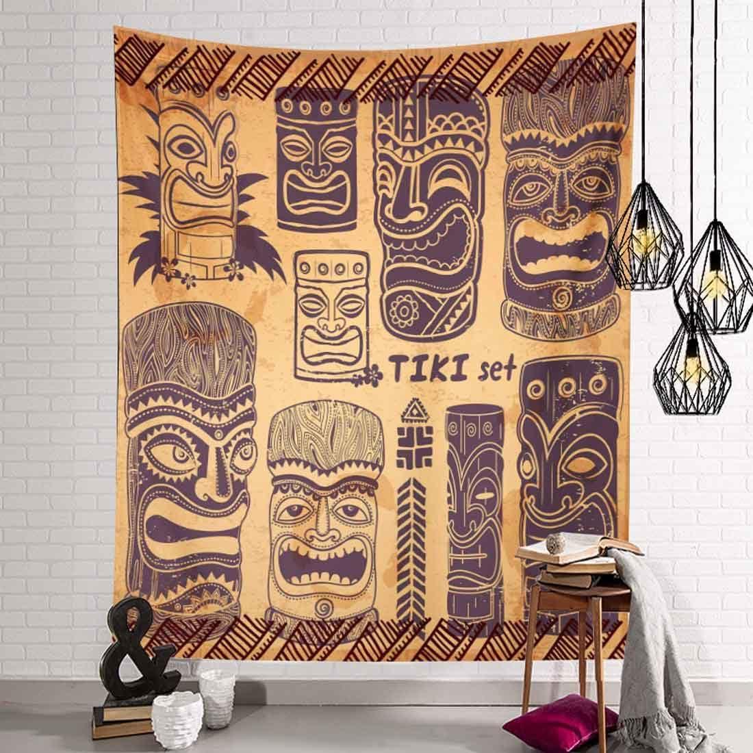 Tapestry of pine cones, tiki masks, Hawaiian aloha totem 75x100