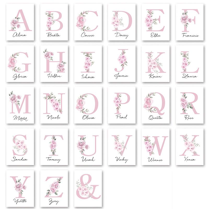 Benutzerdefiniertes Babynamen-Poster, personalisierbares Kinderzimmer, Wandkunst, Leinwandgemälde, Druck, rosa Blumentiere, Wandbilder für Mädchenschlafzimmer