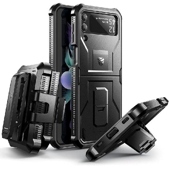 Ударопрочный чехол Dexnor для Samsung Galaxy Z Flip 3 5G, Прочный защитный чехол-бампер со складной подставкой, Чехол-кобура с вращающимся на 360° зажимом для ремня чёрный