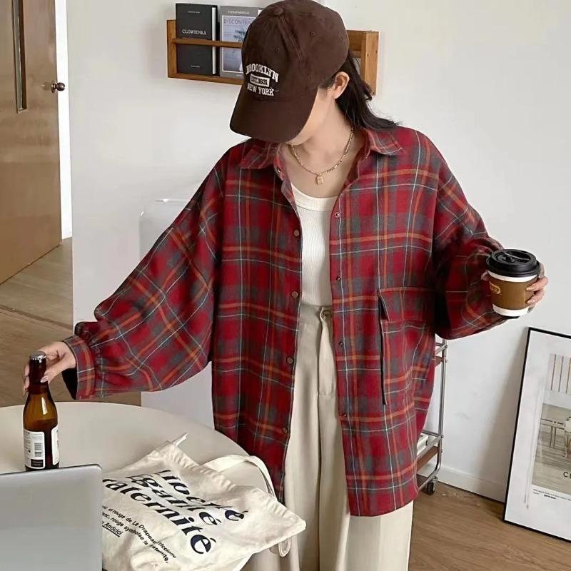 

Women Fall Oversized Plaid Shirt Long Sleeve Vintage Button Down Blouse L червоний