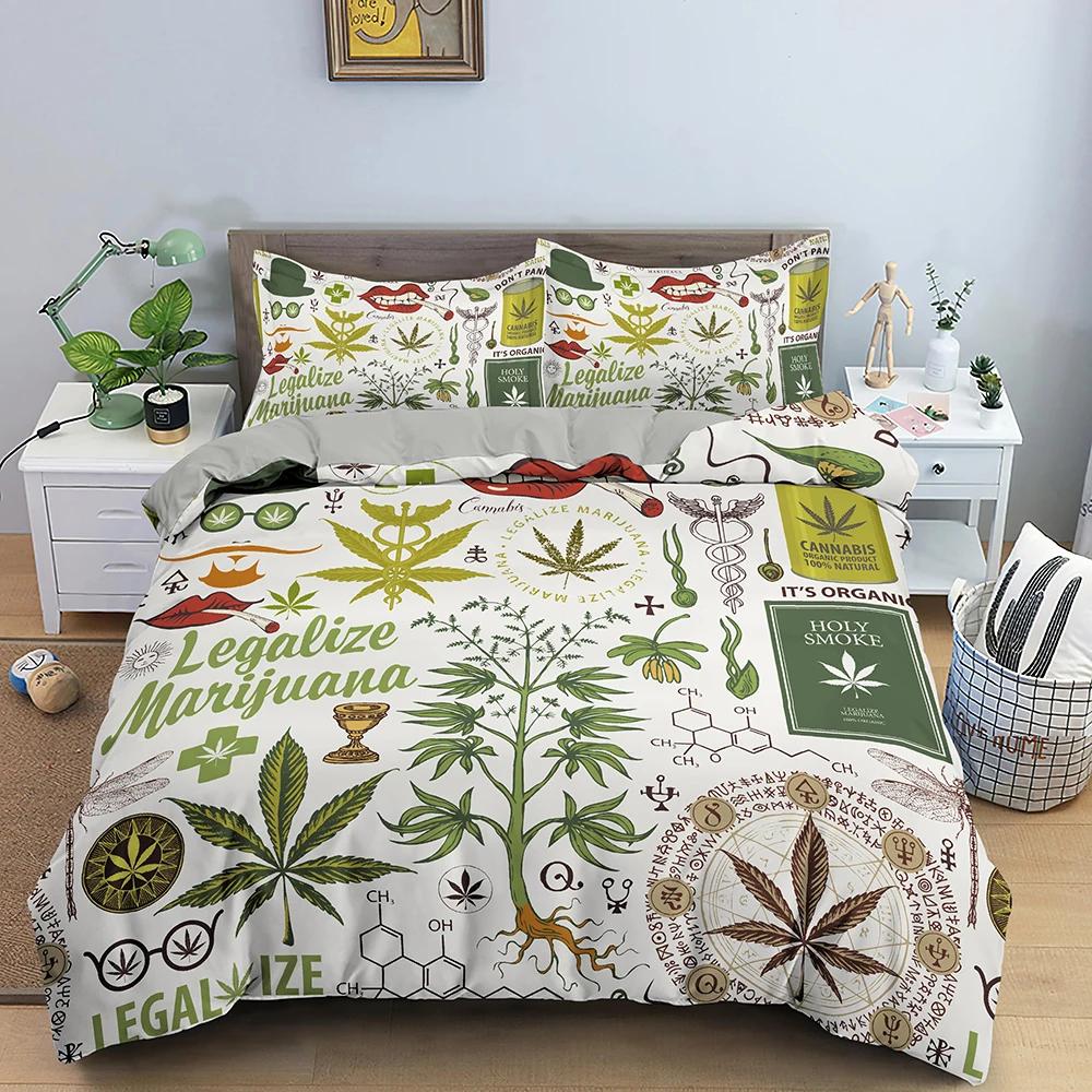 Maple Leaves King Queen Bedding Set Psychedelic Weed Leaf Duvet Cover Colorful Stripes 2/3Pcs Polyester Quilt Cover