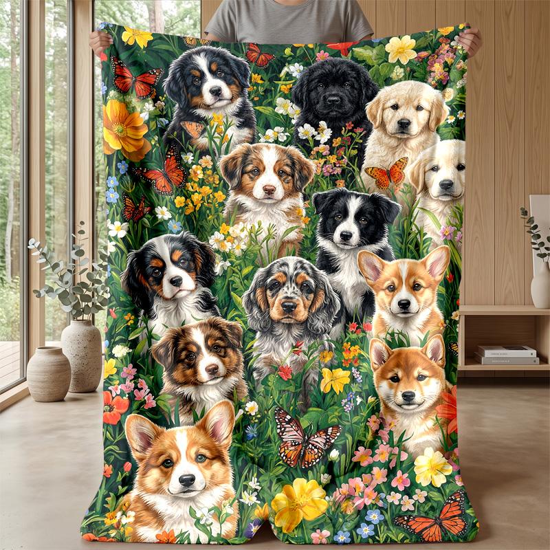 Floral Garden Pup Theme blanket Lightweight Warm Flannel Blanket Decorative Throw Blanket for Home Decoration