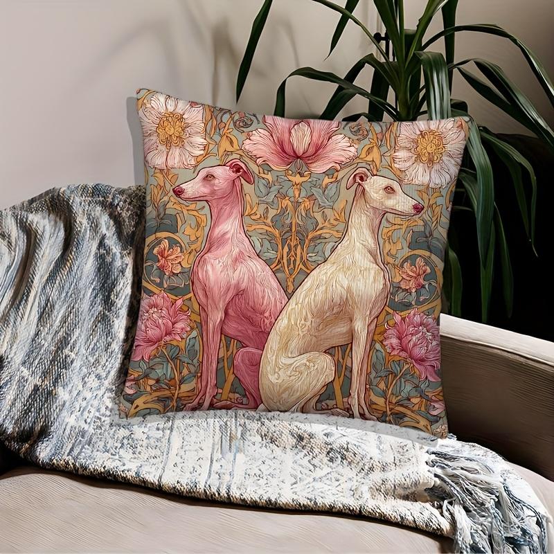 2D Flat- Vintage Floral Greyhound Throw Pillow Cover Art Nouveau Style Decorative Cushion Case For Sofa Bedroom Living Room