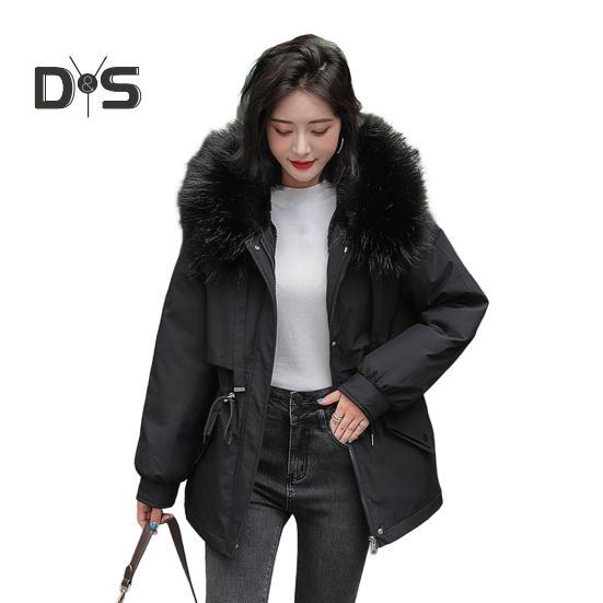 Jaqueta feminina acolchoada, casaco forrado de pelúcia com cordão na cintura, jaqueta acolchoada quente de inverno com capuz de pele sintética para trabalho, moda urbana