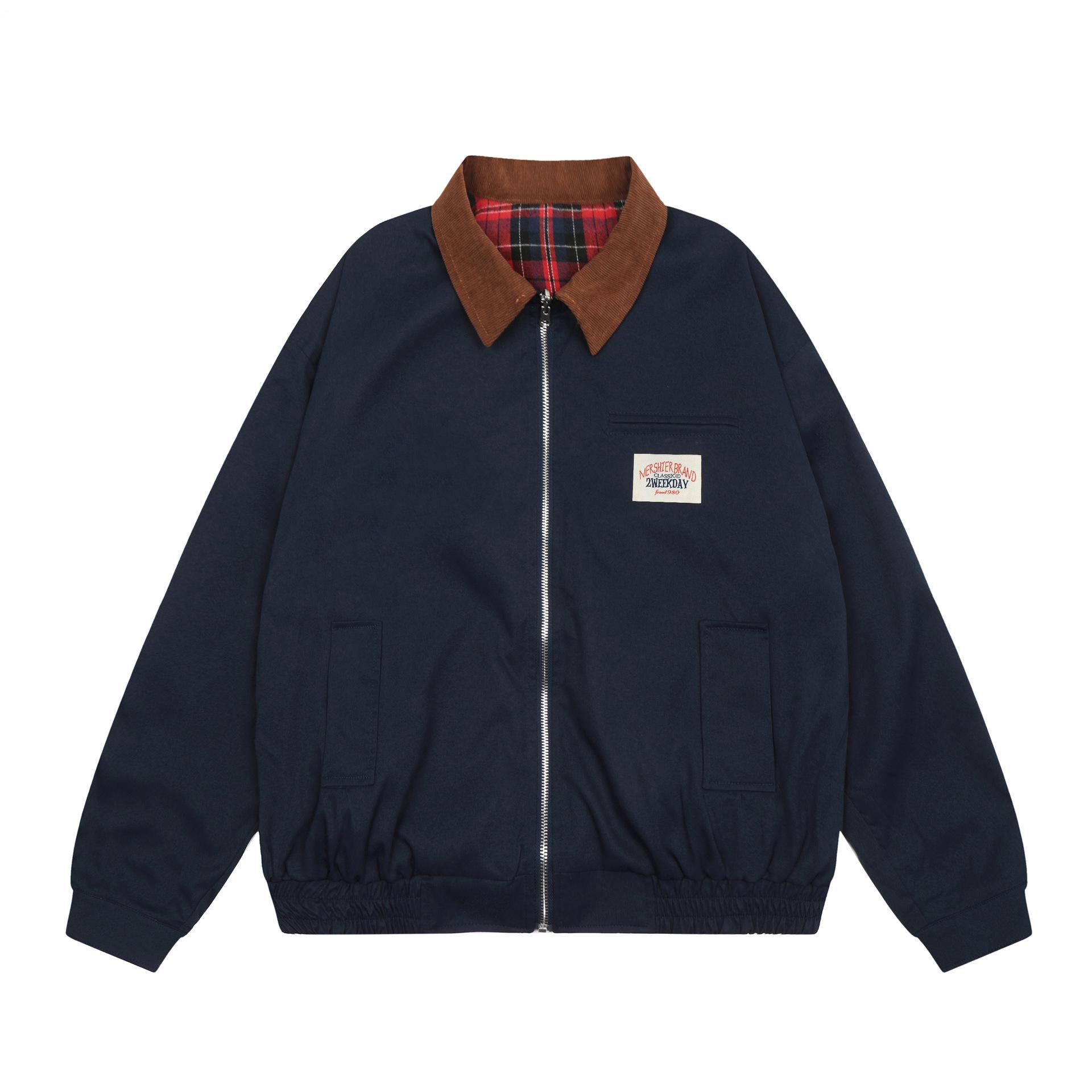 Men s spring and autumn new American retro double-sided tooling jacket men s and women s plaid splicing jacket M
