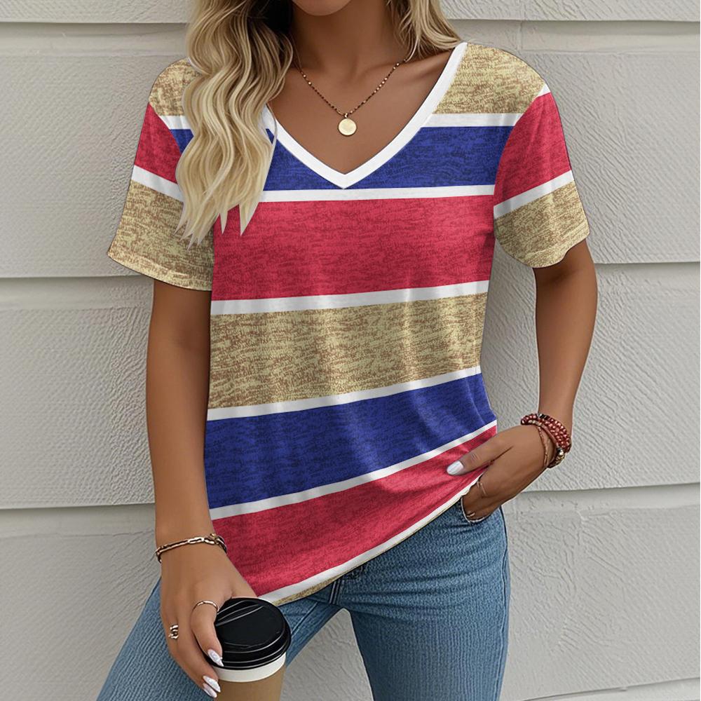 Summer Ladies Striped Printing Oversized T-Shirt Retro Fashion Casual V Collar Women Short-Sleeved T-Shirt