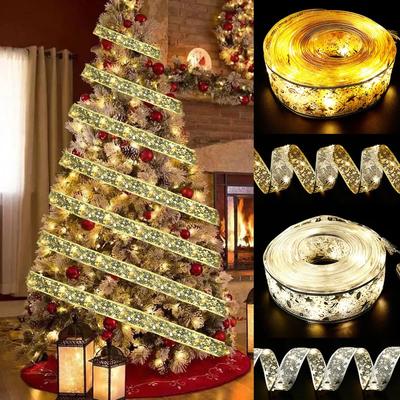 Christmas Ribbon Fairy Light Christmas Decoration DIY Bows String Light Tree Ornaments For Home 2025 Xmas Decor New Year Navidad
