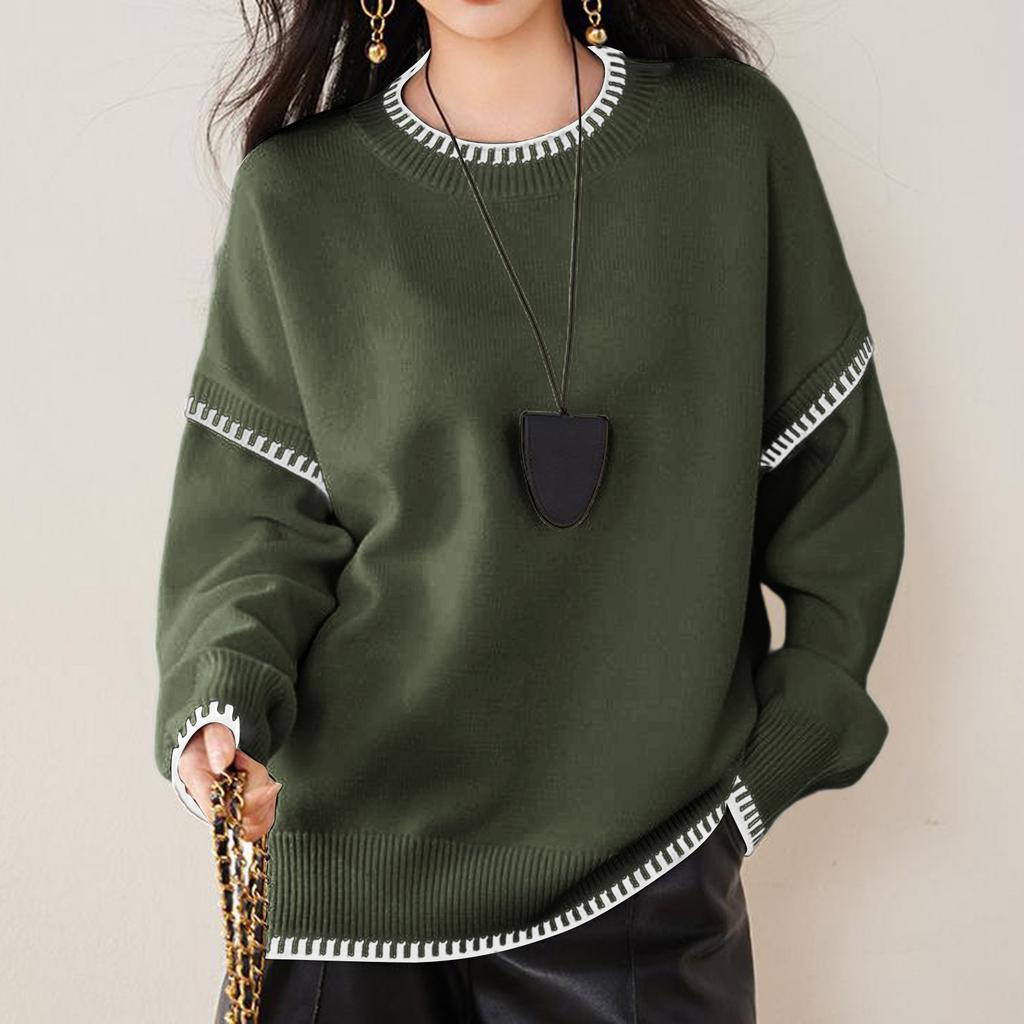 Women's Fashionable Casual Versatile Lazy Style Contrast Round Neck Pullover Long Sleeve Loose Knitted Sweater
