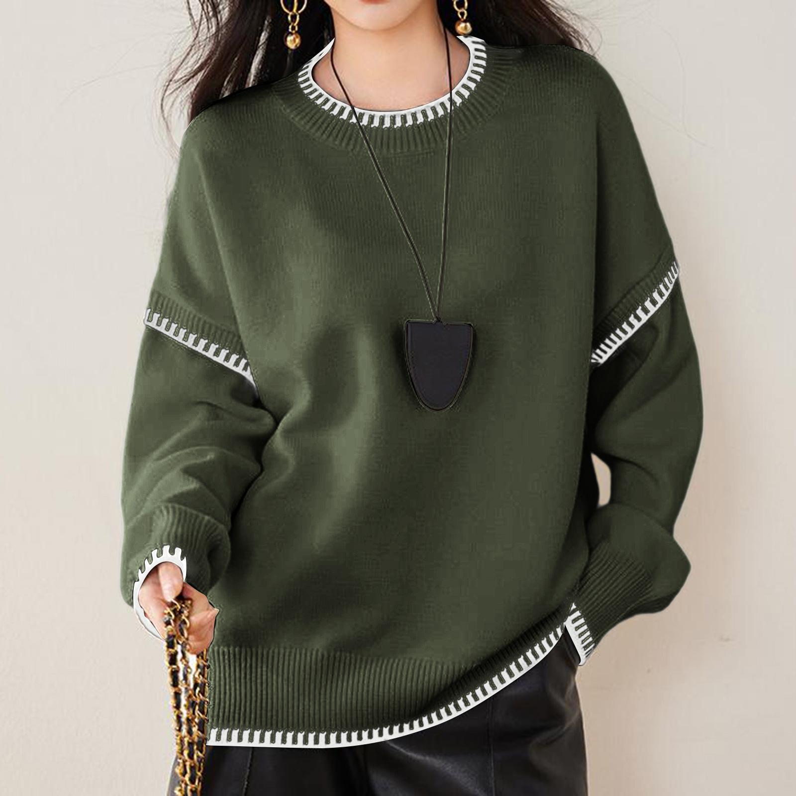 

Женский модный повседневный универсальный ленивый стиль контрастный пуловер с круглым вырезом, длинным рукавом, свободный вязаный свитер L