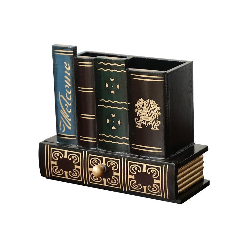 American Retro Wooden Pen Holder: Multi-functional Fake Book Desktop Storage Box and Home Study Ornament.