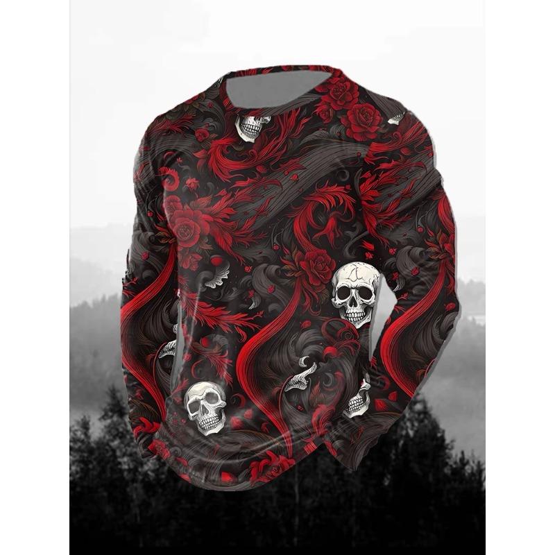 Spring and Autumn Round Neck Halloween Fun Horror Pattern 3D Printed Top Fashionable Casual Long Sleeved Men's T-shirts