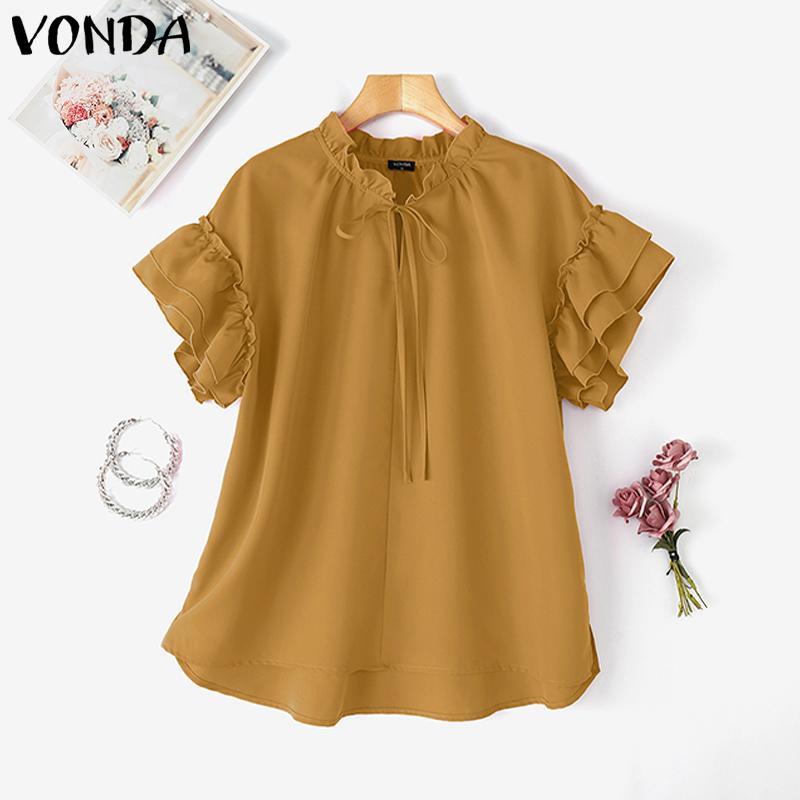 VONDA Women Summer Lace-up Neck Flounces Sleeve Casual Ruffled Long Blouse