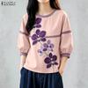 Damen Lässige Rundhals Blumenmuster Locker 3/4 Ärmel Bluse