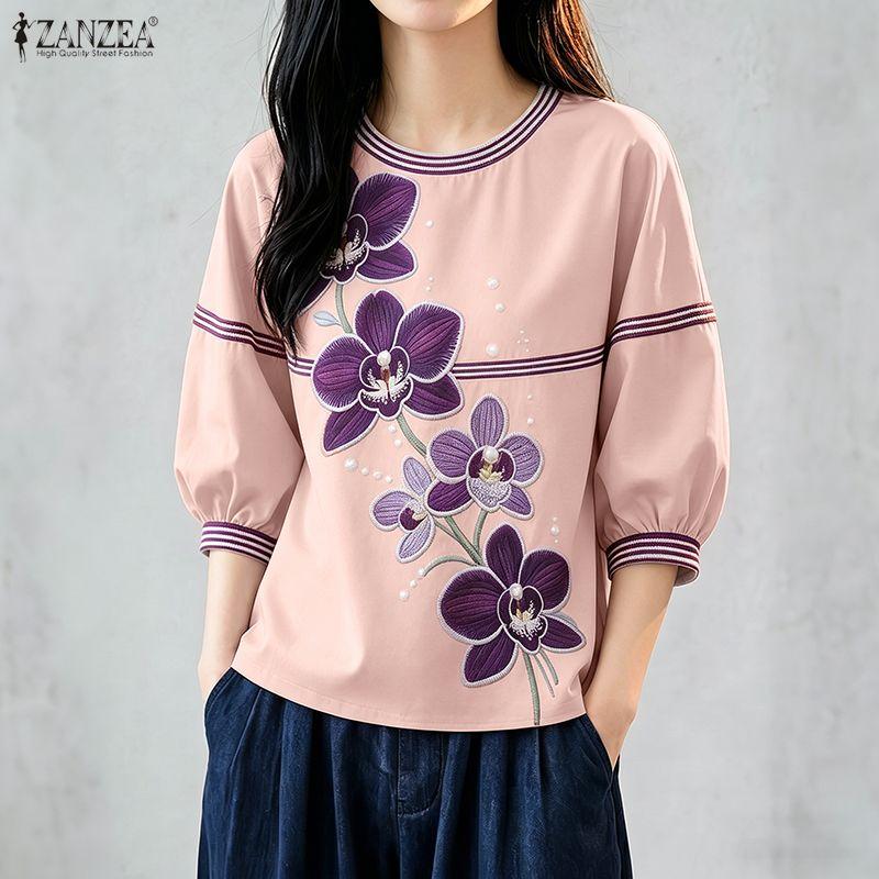 ZANZEA Women Casual Round Neck Floral Print Loose 3/4 Sleeve Blouse