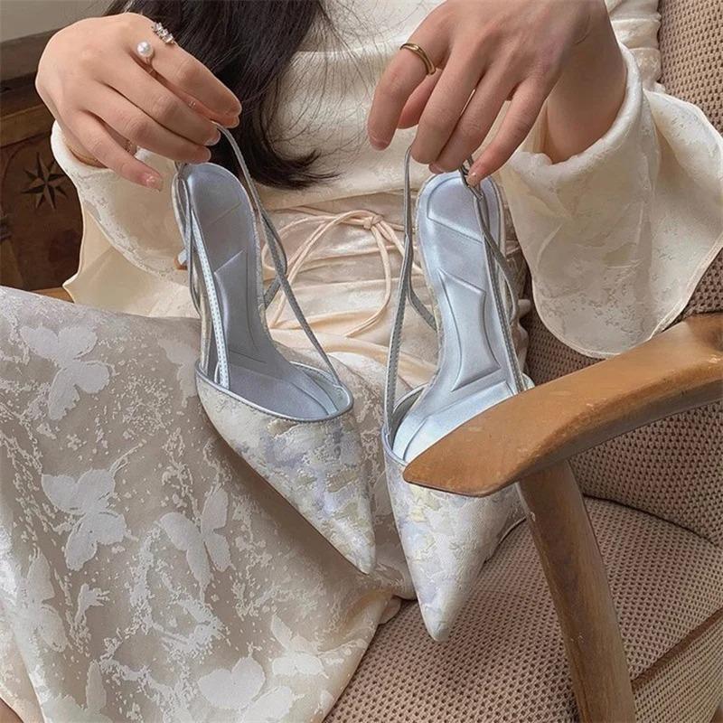 Fashion Fashion Print Thin Heels Pumps for Women Summer Pointed Toe Med Heels Sandals Woman Ankle Strap Chinese Style Slingbacks Pumps