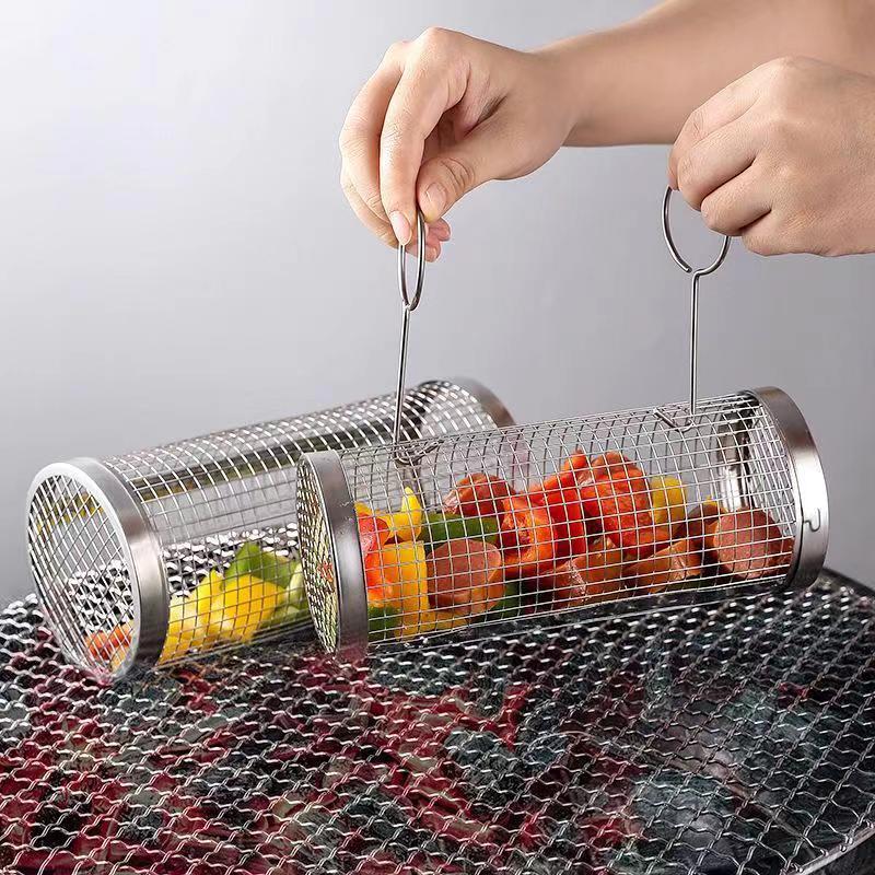 BBQ Grill Basket Rolling Portable Stainless Steel Barbecue Cages Basket Camping Picnic for Cookware Outdoor Round Grill Baske