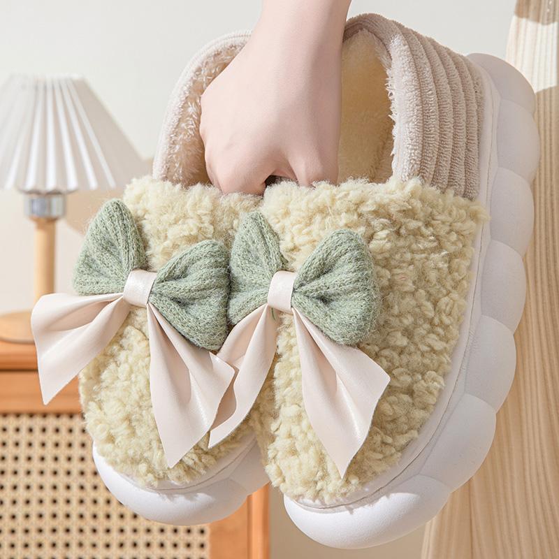 Cotton Slippers for Women Autumn and Winter Thick Sole Indoor Home Warm Couples Shoes Bow Non-Slip Flat Platform Women's Slipper