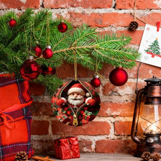 Vánoční ozdoby Santa Claus/Sobi/Tučňák/Perníkový muž v červeném kostkovaném designu na zip Kulaté 2D akrylové ozdoby na sváteční strom