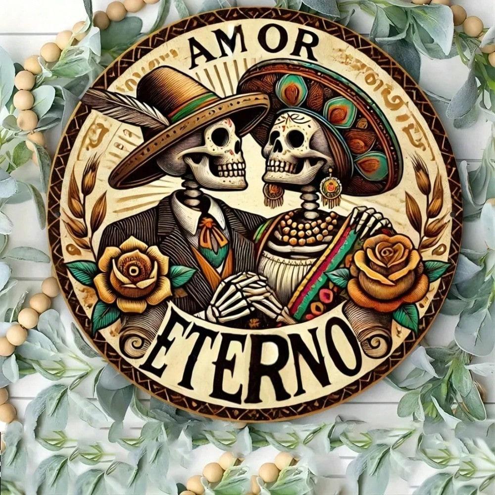 Planetjuice wall art Inch Round Day of the Dead Metal Wall Art Iron Skull Sign Farmhouse Porch Decor (as the picture,20x20)