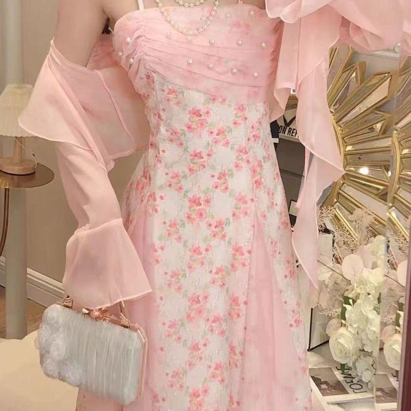 2026 Summer French Floral Lace Mesh Sling Dress - Beautiful Long Two-Piece Set