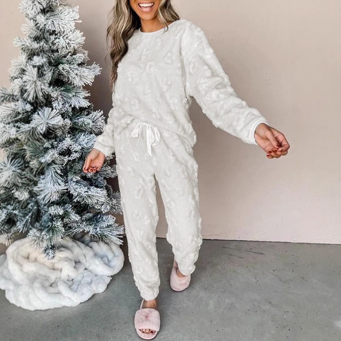 

Women s Leopard Print Plush Homewear Set - Winter Long Sleeve Design M белый