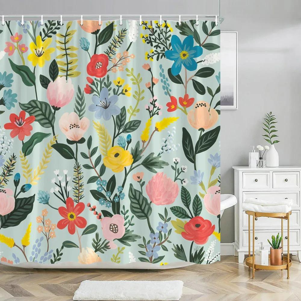 Bunte Blumenduschvorhang Blumenduschvorhänge Hübscher blauer Duschvorhang Leuchtende böhmische Boho-Blumen-Badezimmerdeko