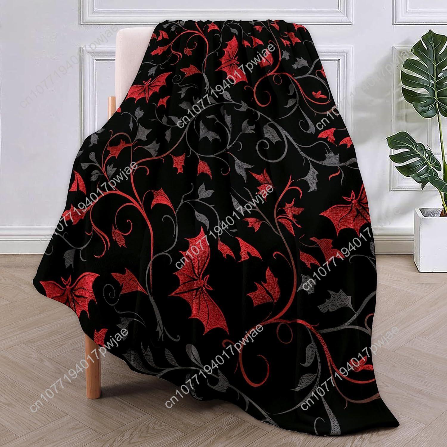 Enchanted Autumn Leaves Fleece Blanket Gifts Elegant Red Black Bat Design Cozy Throw Custom blankets Halloween Custom blankets 75X95CM