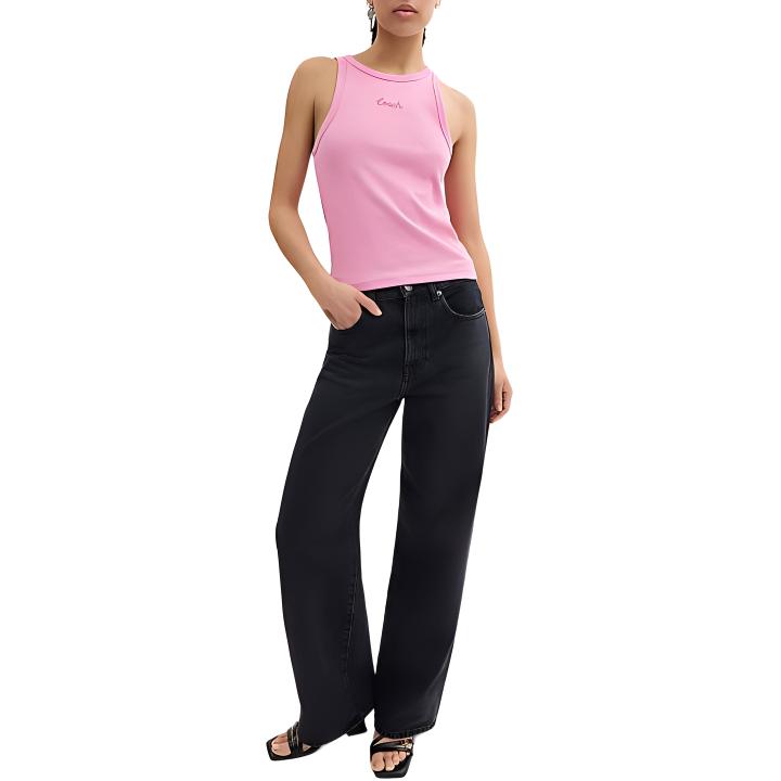 Coach SS24 Letter Print Round Neck Pullover Straight Tube Vest Women Tops Pink CS609-PIN