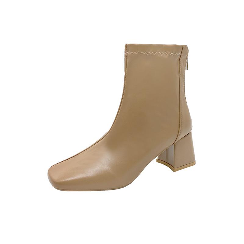 New Women'S Boots Winter Korean Edition Square Head Rear Zipper Short Boots Women'S Thick Heel Middle Heel Boots Children