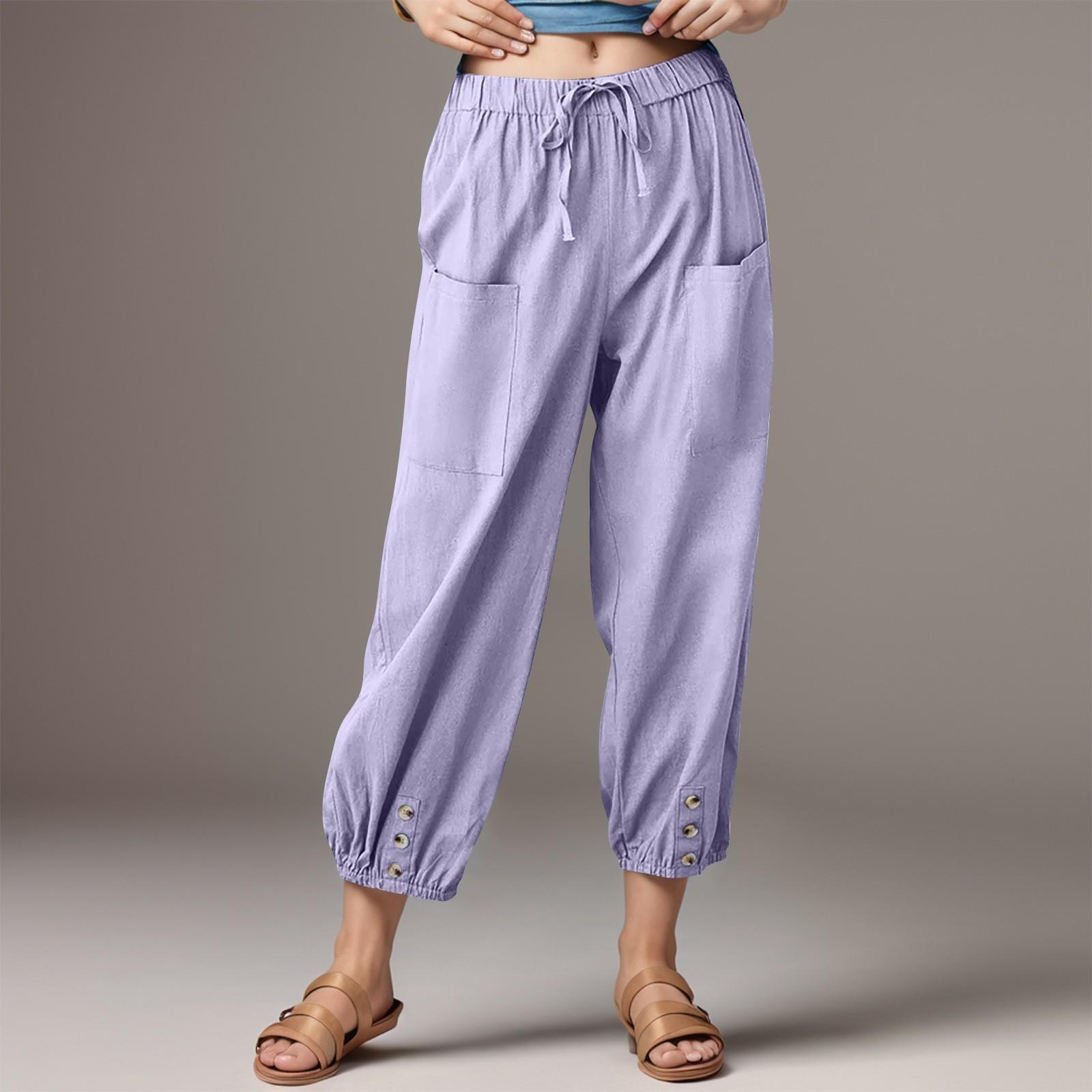 

Женские модные однотонные хлопковые льняные повседневные брюки с эластичной резинкой на талии и карманами XXL