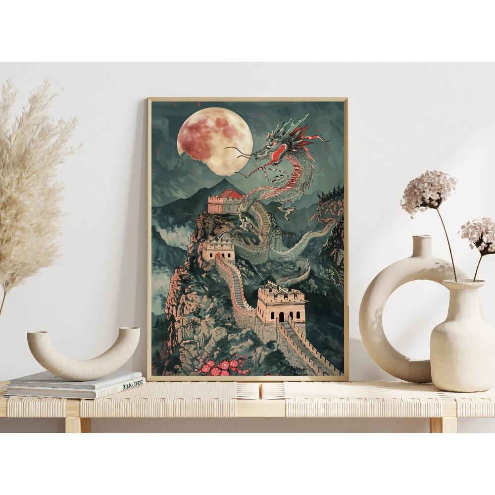 Vintage Iconic Mysterious Grand Chinese Loong Poster The Great Wall Modern Prints Canvas Wall Art Picture Home Living Room Decor