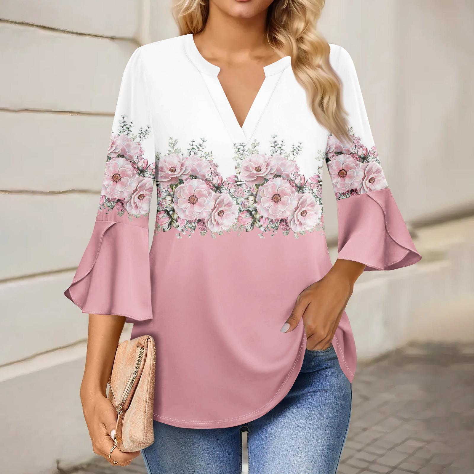 

Женская рабочая рубашка с плиссировкой и рукавом 3/4, рубашка с V-образным вырезом, повседневная рубашка с завязками на талии, деловая рубашка XL розовый