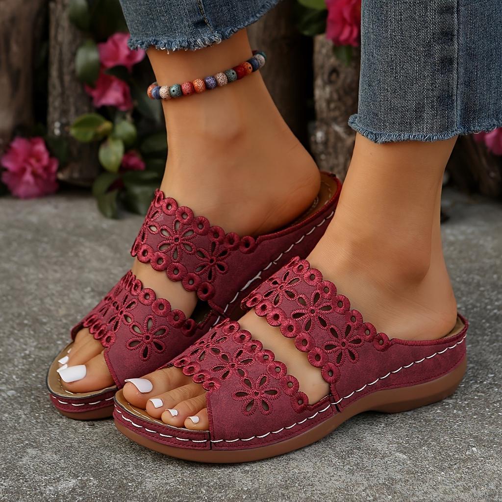 Ladies' Floral Hollow Slip In Sandals - Summer Breathable Open Design Mid Heel Casual Shoes with Soft PU Sole,  Cross Strap Sandals