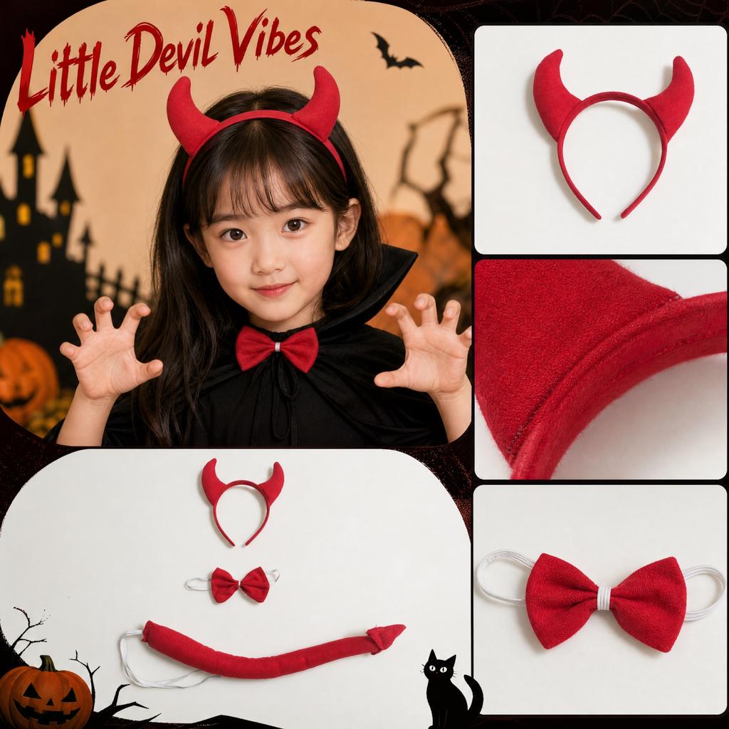 Halloween Little Devil Headband Tie and Tail Set - 3 Piece Costume Accessory for Party