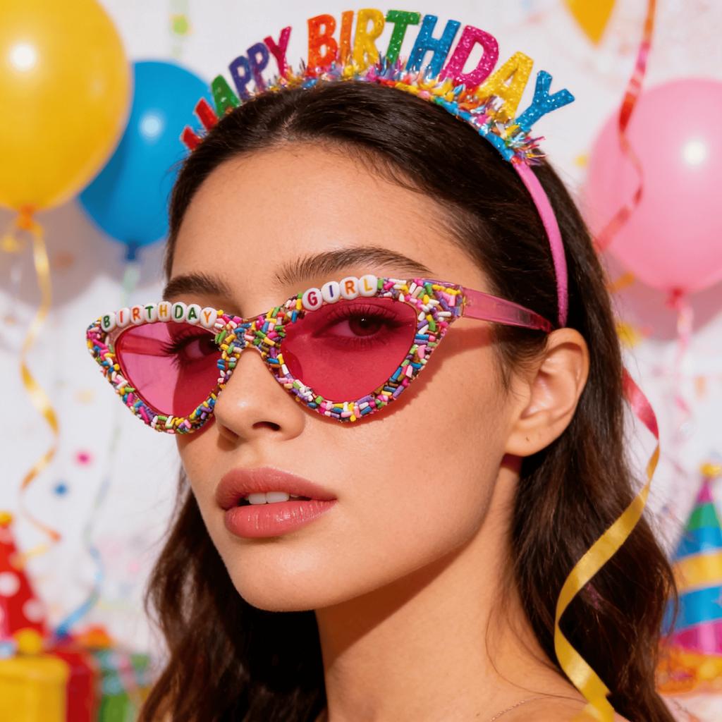 2026 Birthday Girl Sunglasses Cat Eye Frame Candy Sprinkle Embellished UV Blocking Party Sun Glasses Eyewear KJ220