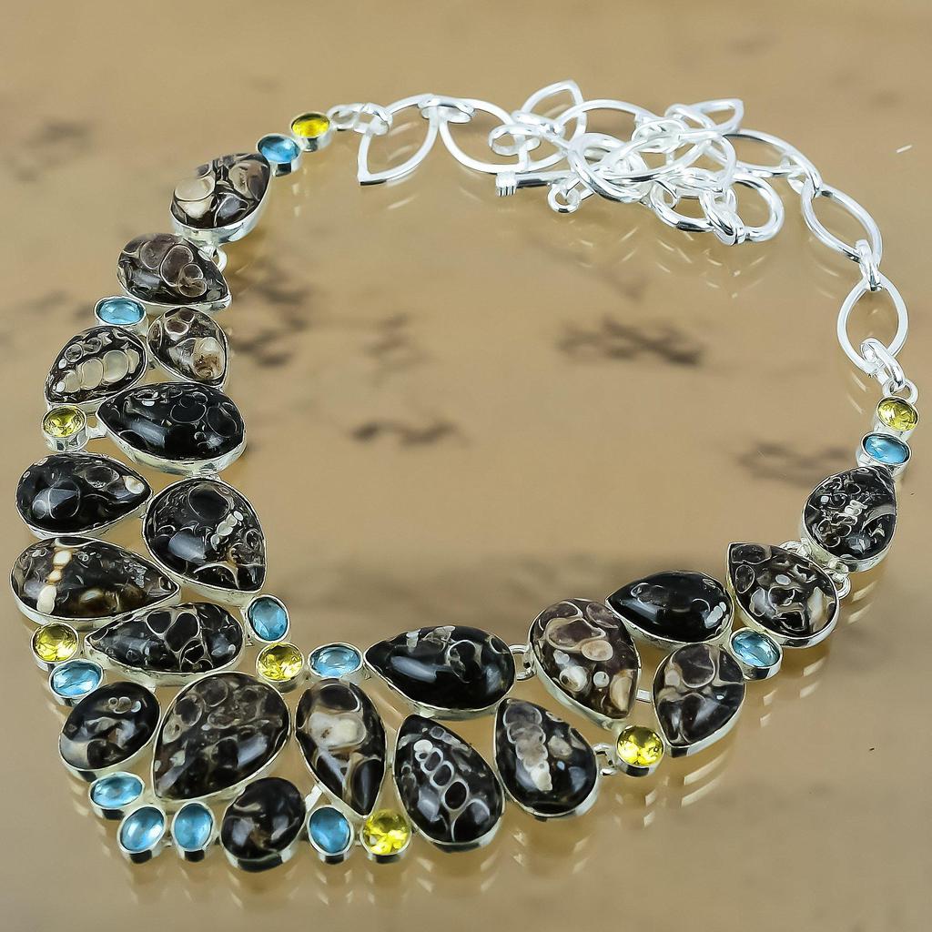 Gift For Her Natural Turritella Agate Chain Adjustable Necklace 925 Silver