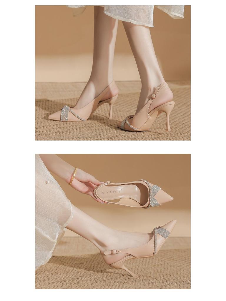 BYZ Backless Pointed Toe Stiletto Microfiber Rhinestone Buckle Heels - Versatile Commuter Work Shoes for Women