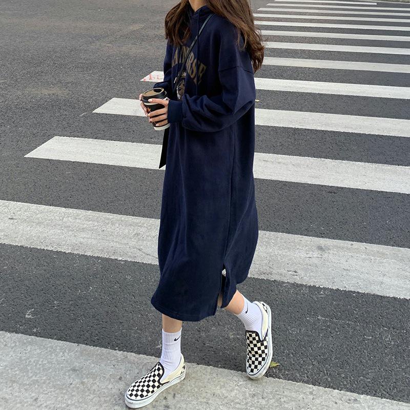Korean Style Fleece-Lined Hooded Over-Knee Sweatshirt Coat - Plus Size Women's Autumn/Winter 2025 Collection